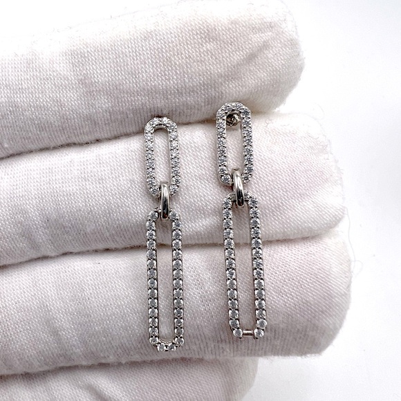 .925 Sterling Silver Rhodium Plated Dangling CZ Paperclip Earrings - Picture 1 of 17